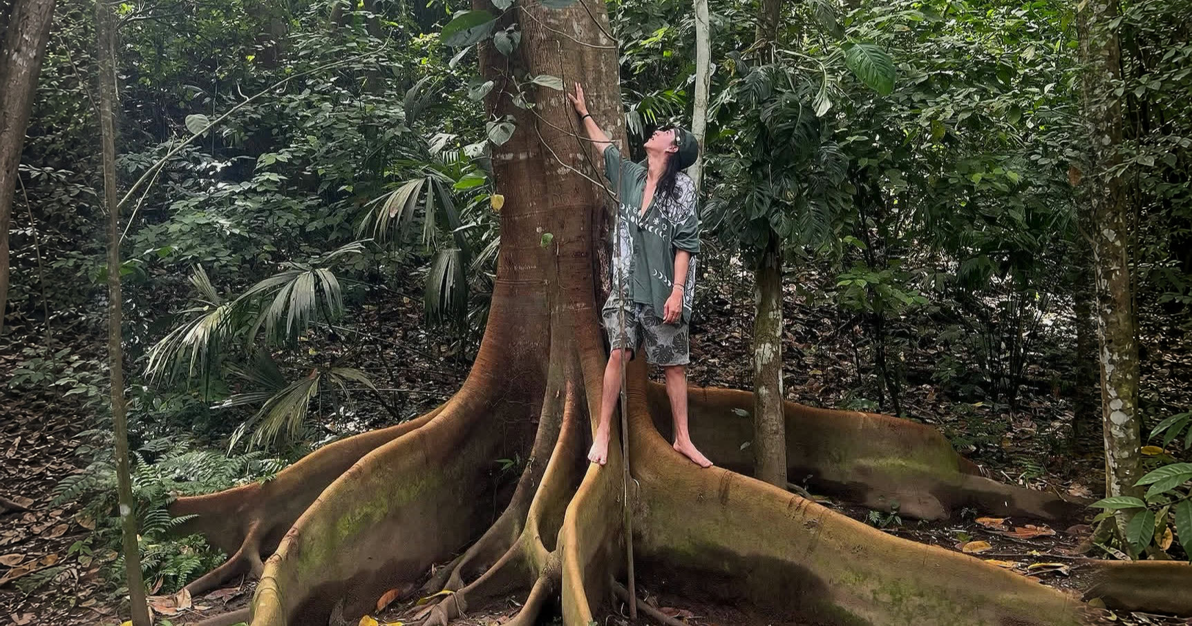 Persona descalza sobre las raíces de un árbol gigante en la selva colombiana